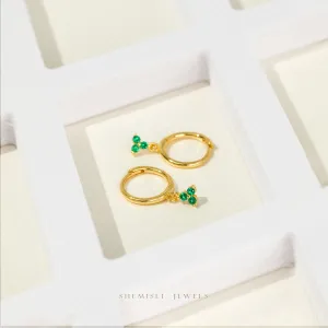 3 Petal Emerald CZ Flower Hoops, Unisex, Gold, Silver SHEMISLI SH355