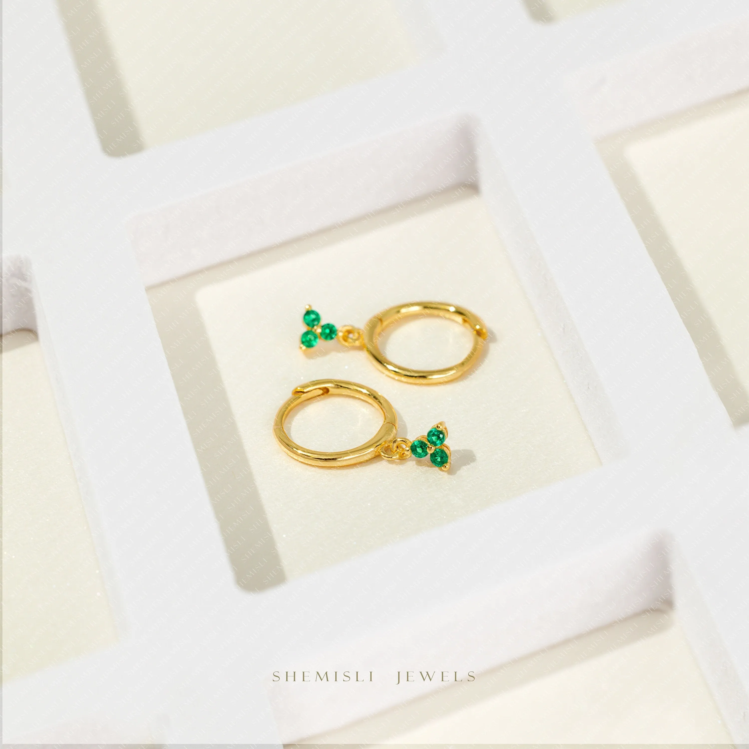 3 Petal Emerald CZ Flower Hoops, Unisex, Gold, Silver SHEMISLI SH355