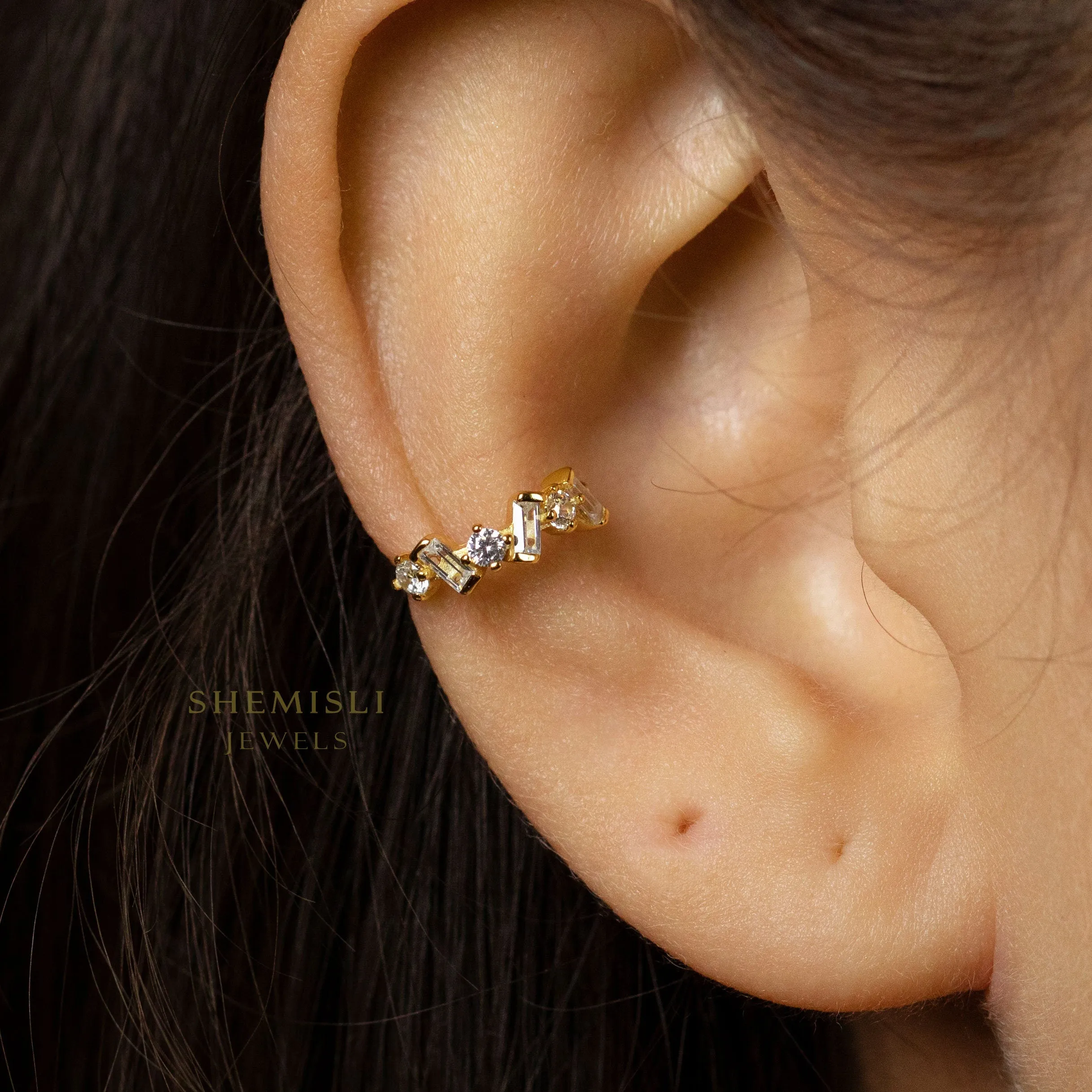 Baguette and round CZ Ear Cuff, Earring No Piercing is Needed, Unisex, Gold, Silver SHEMISLI - SF047