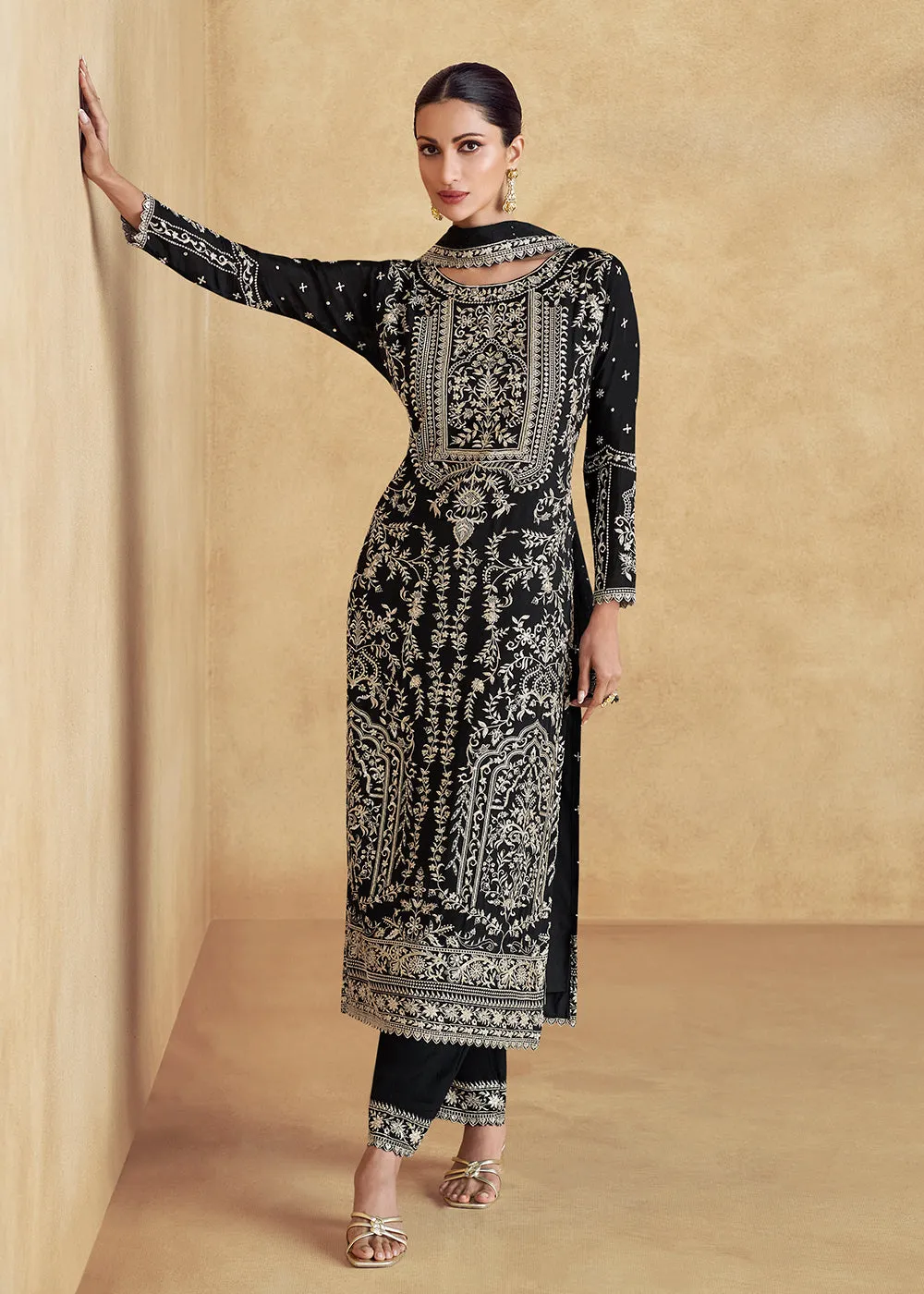 Black Embroidered Chinnon Silk Designer Salwar Suit