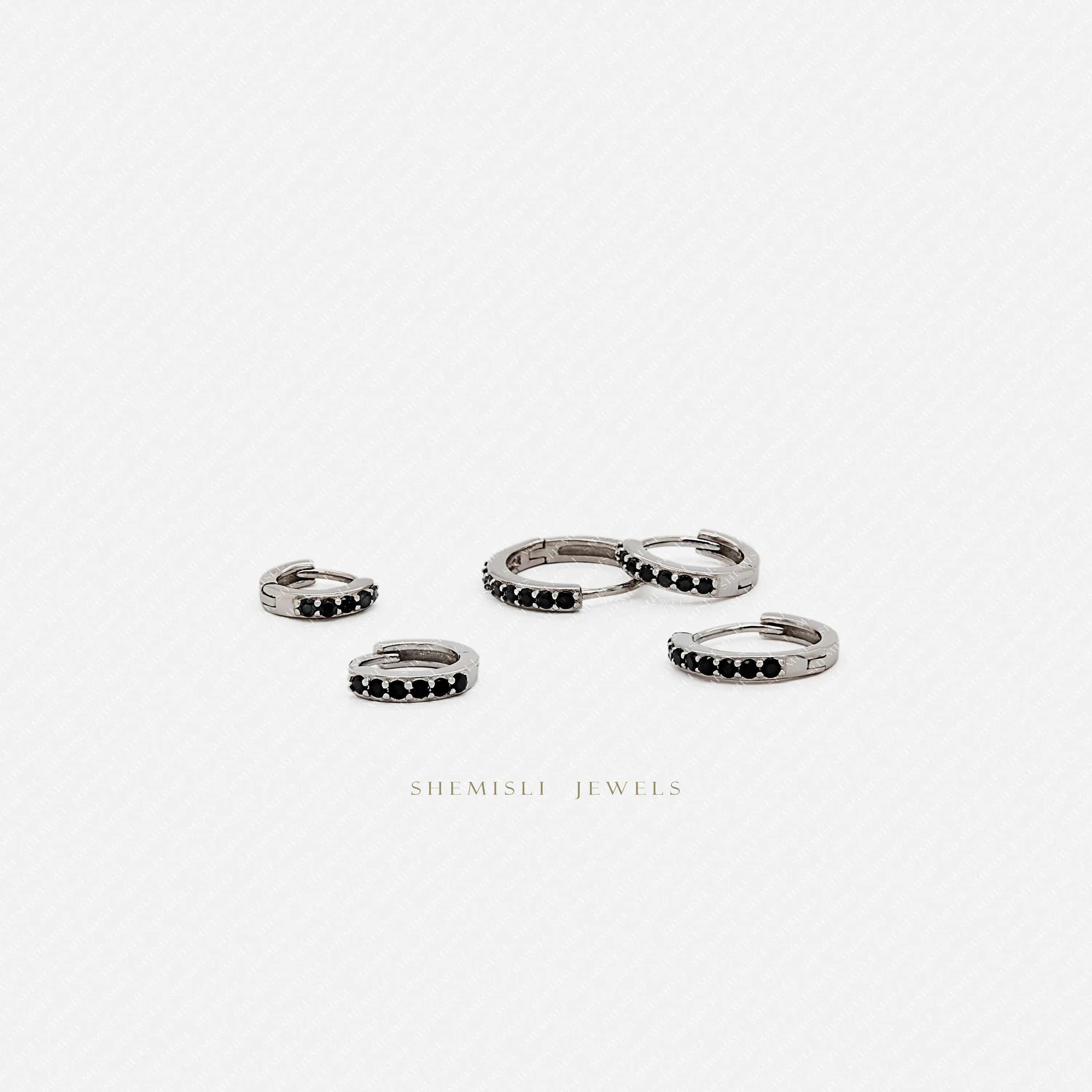 Black Stone CZ Hoop Earrings, Huggies, 6, 7, 8, 9, 10, 12mm Unisex, Gold, Silver SHEMISLI SH153, SH154, SH155, SH156, SH157, SH158