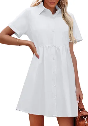 Brilliant White Women's Short Sleeve Button Down Babydoll Dress A-Line Tunic Dress