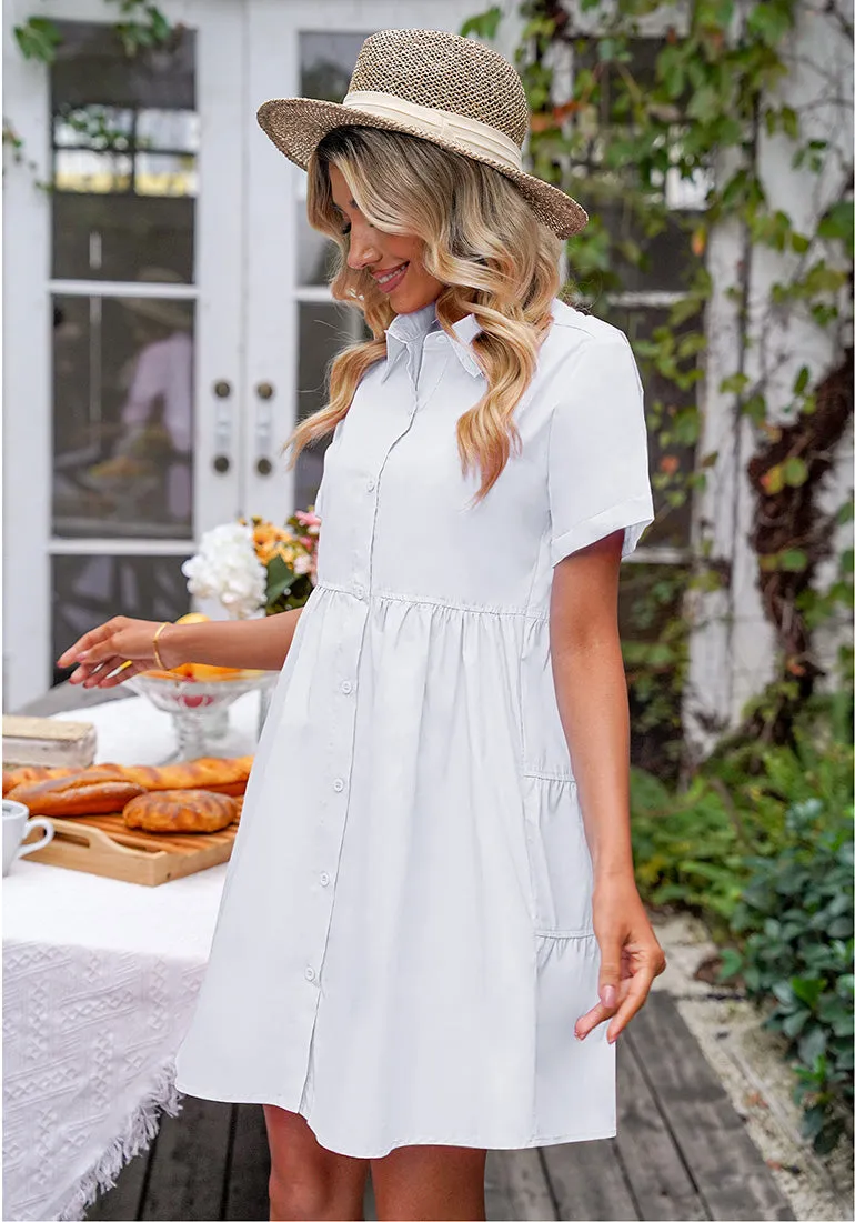 Brilliant White Women's Short Sleeve Button Down Babydoll Dress A-Line Tunic Dress