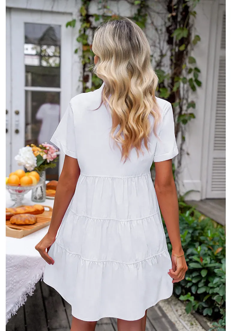 Brilliant White Women's Short Sleeve Button Down Babydoll Dress A-Line Tunic Dress