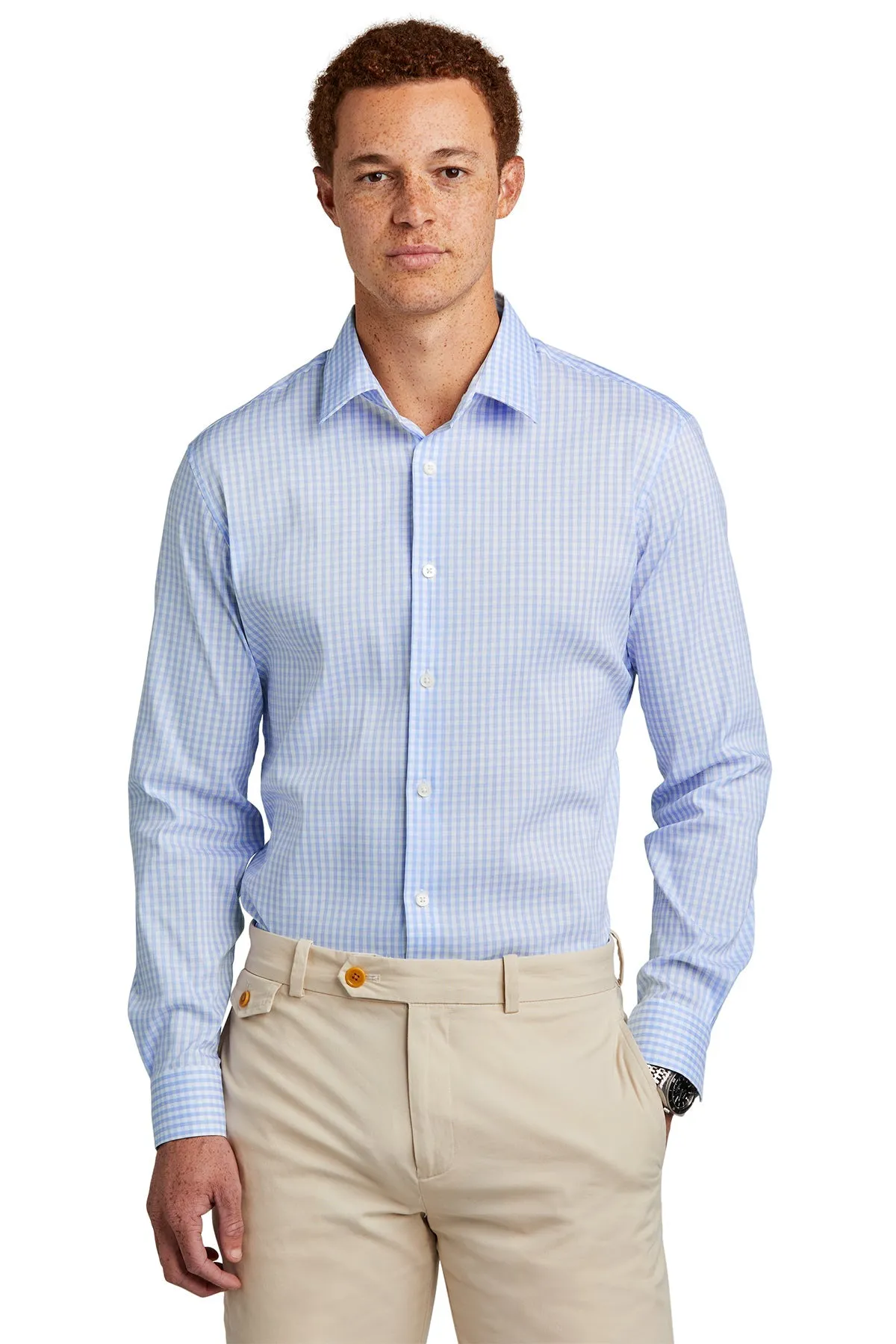 Brooks Brothers Tech Stretch Patterned Shirt, Newport Blue/ Pearl Pink Fine Check