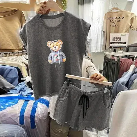 Cartoon Bear Sleeveless T-shirt and Shorts