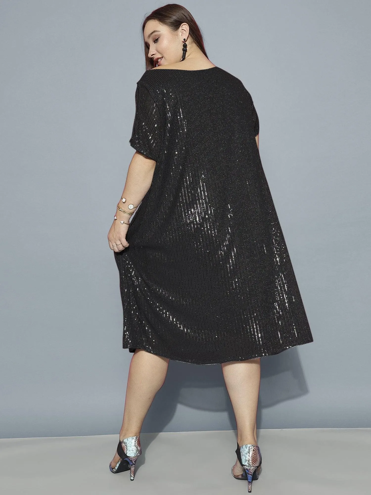 Curvy Lane Women Plus Size Boat Neck Sequins Dress with Slit Sleeves