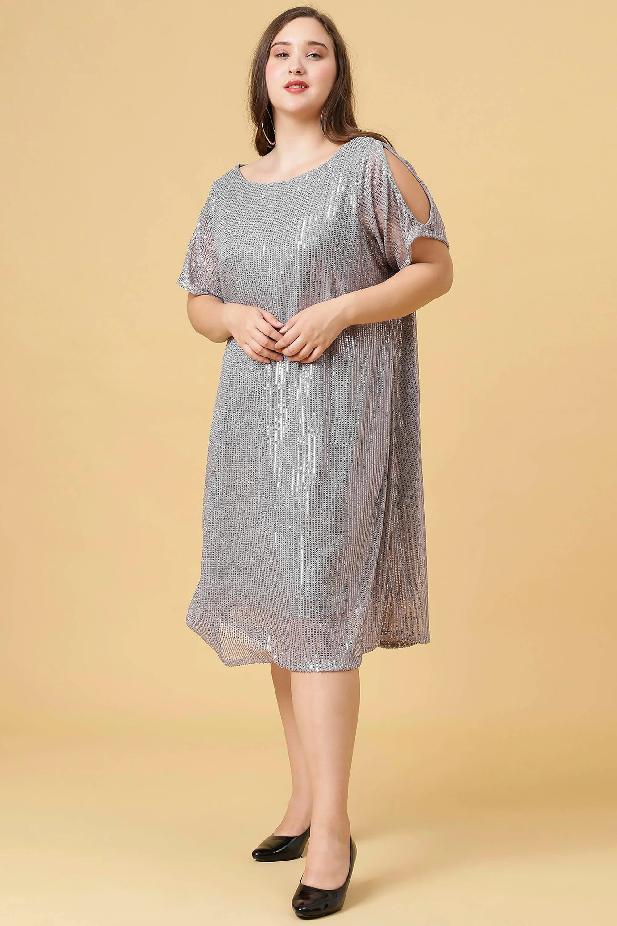 Curvy Lane Women Plus Size Boat Neck Sequins Dress with Slit Sleeves