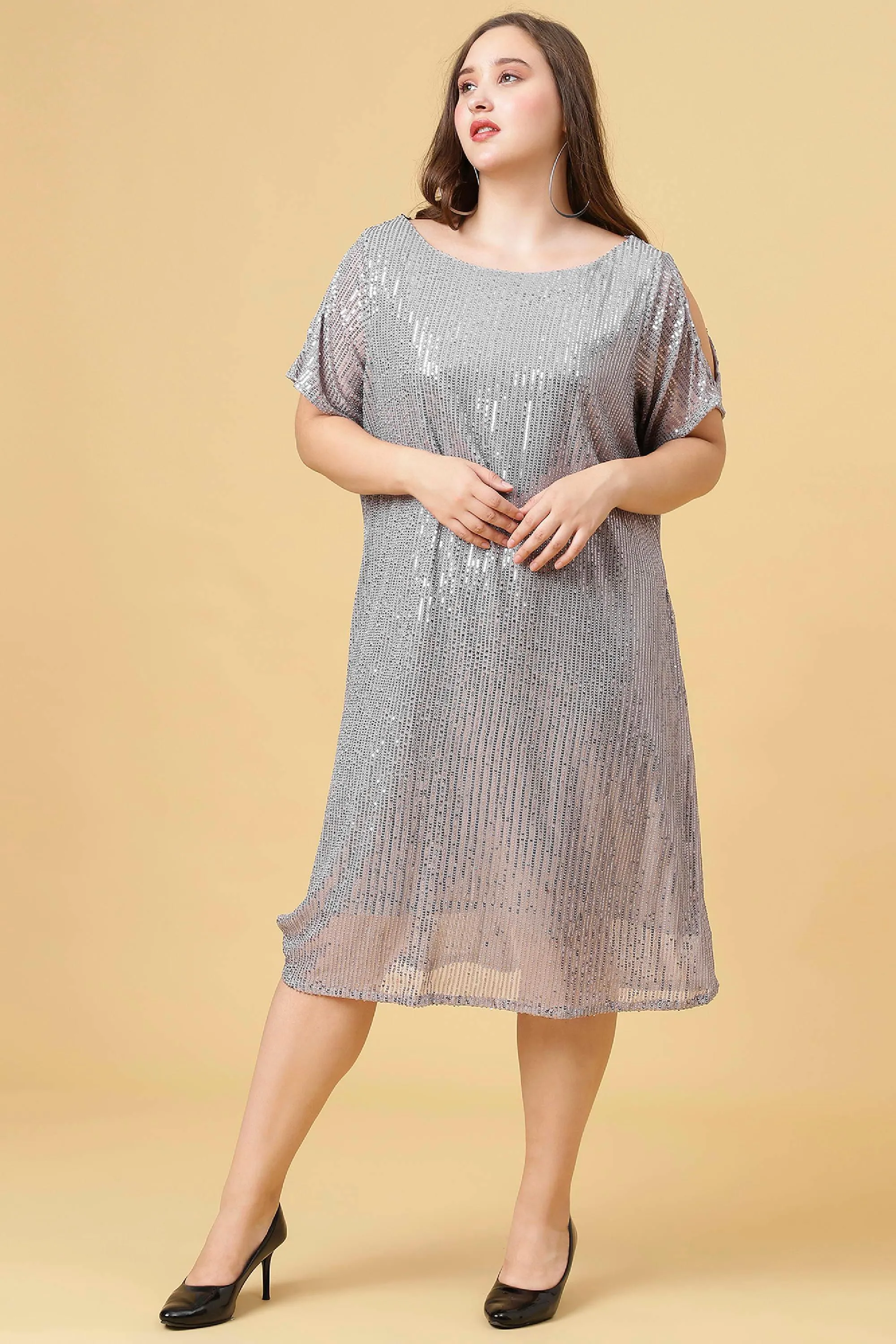 Curvy Lane Women Plus Size Boat Neck Sequins Dress with Slit Sleeves