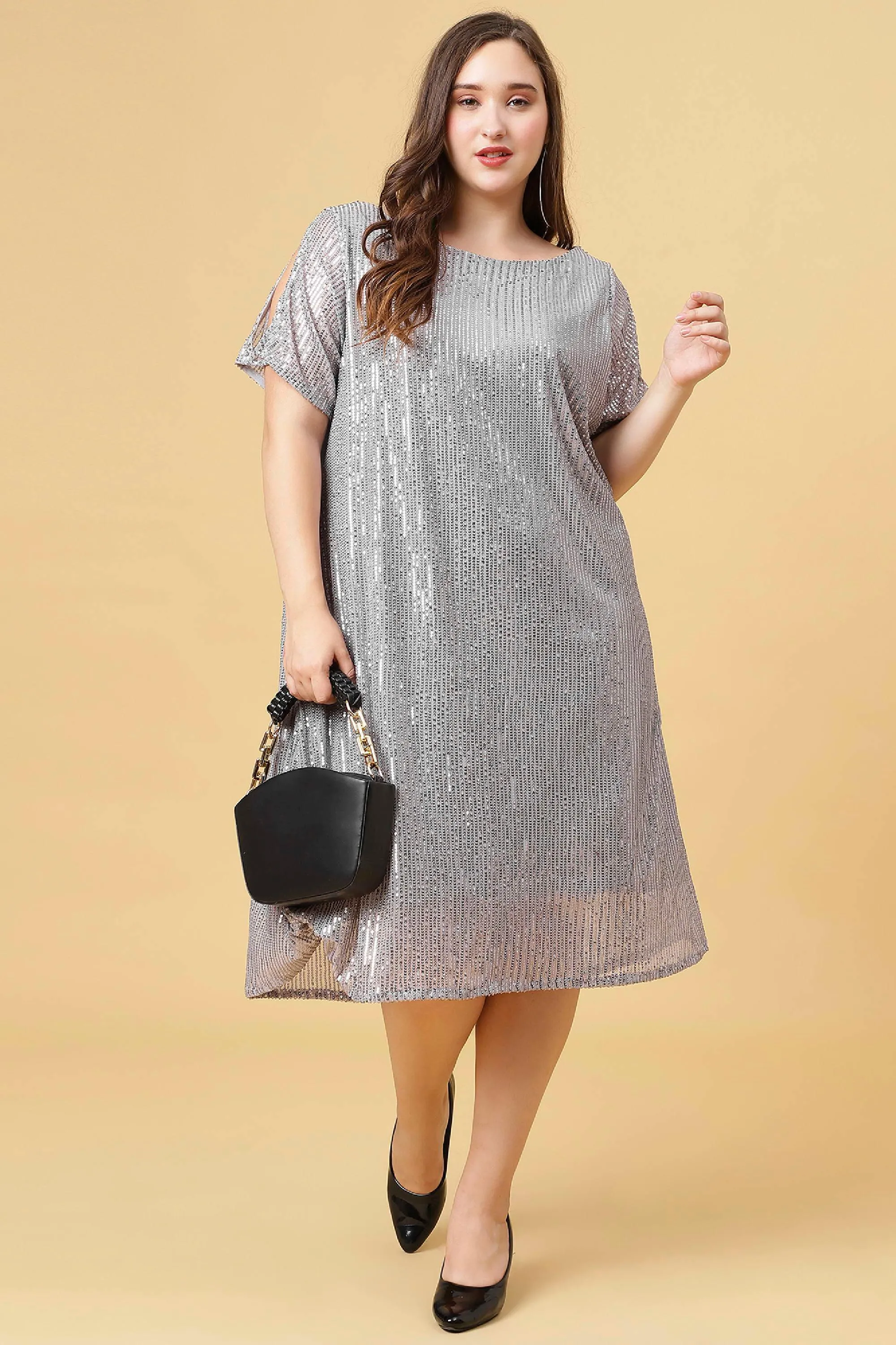 Curvy Lane Women Plus Size Boat Neck Sequins Dress with Slit Sleeves