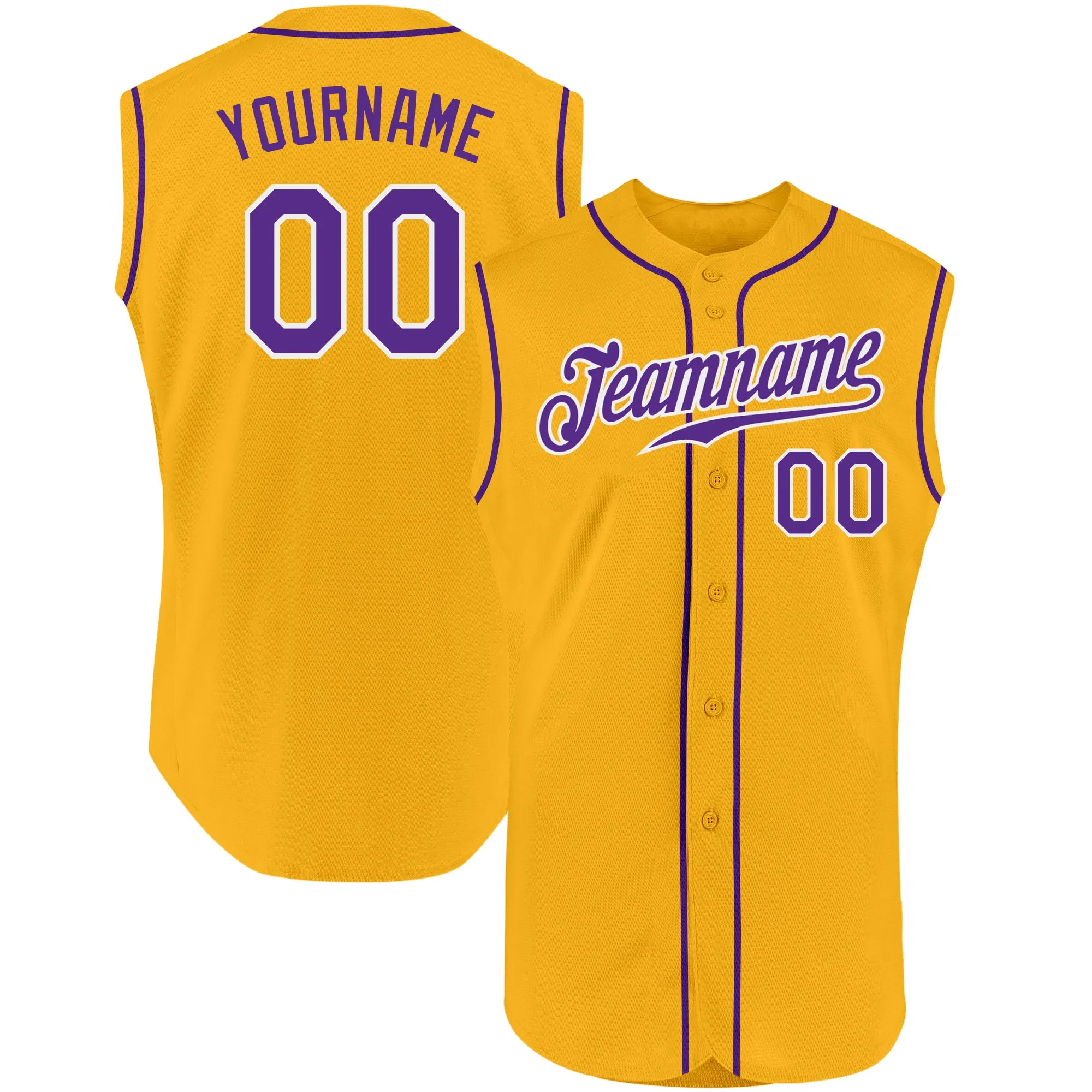 Custom Gold Purple-White Authentic Sleeveless Baseball Jersey