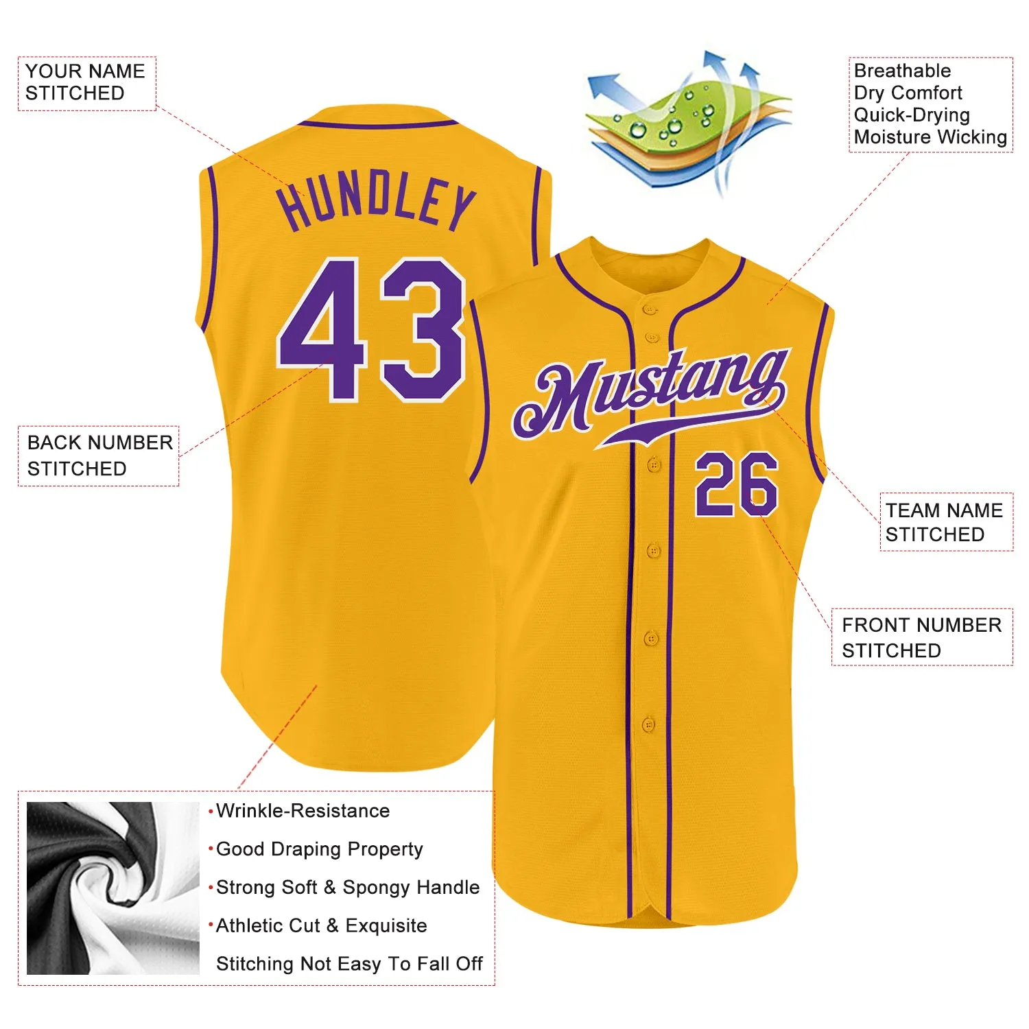 Custom Gold Purple-White Authentic Sleeveless Baseball Jersey