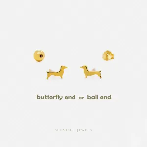 Dainty Sausage Dog Studs Earrings, Unisex, Gold, Silver SHEMISLI SS885 Butterfly End, SS886 Screw Ball End (Type A) LR