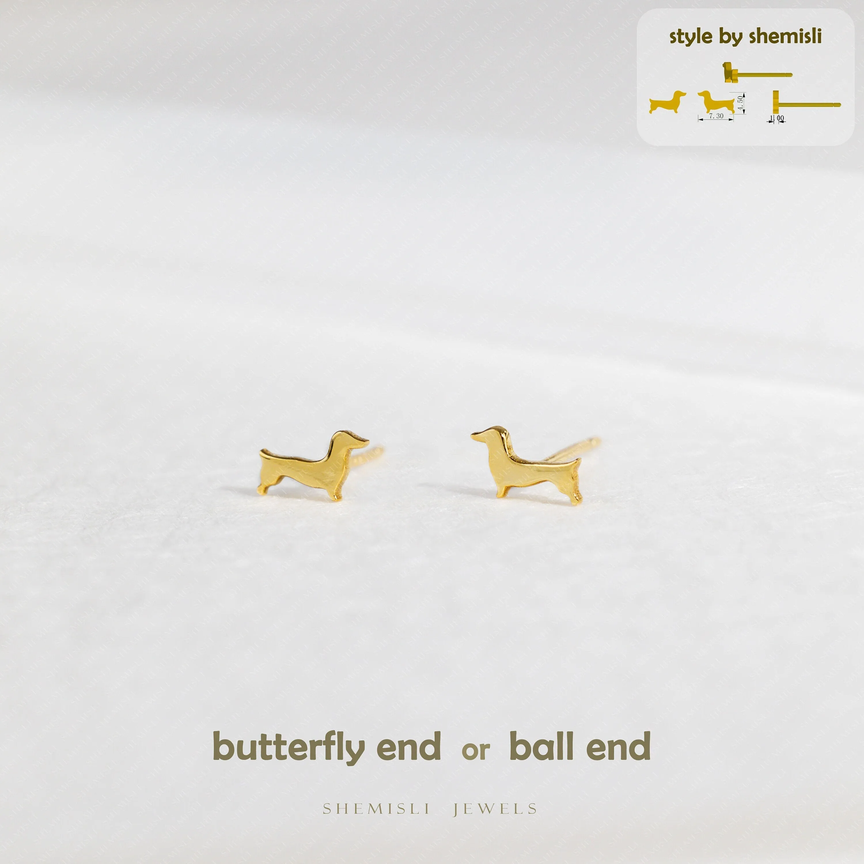 Dainty Sausage Dog Studs Earrings, Unisex, Gold, Silver SHEMISLI SS885 Butterfly End, SS886 Screw Ball End (Type A) LR