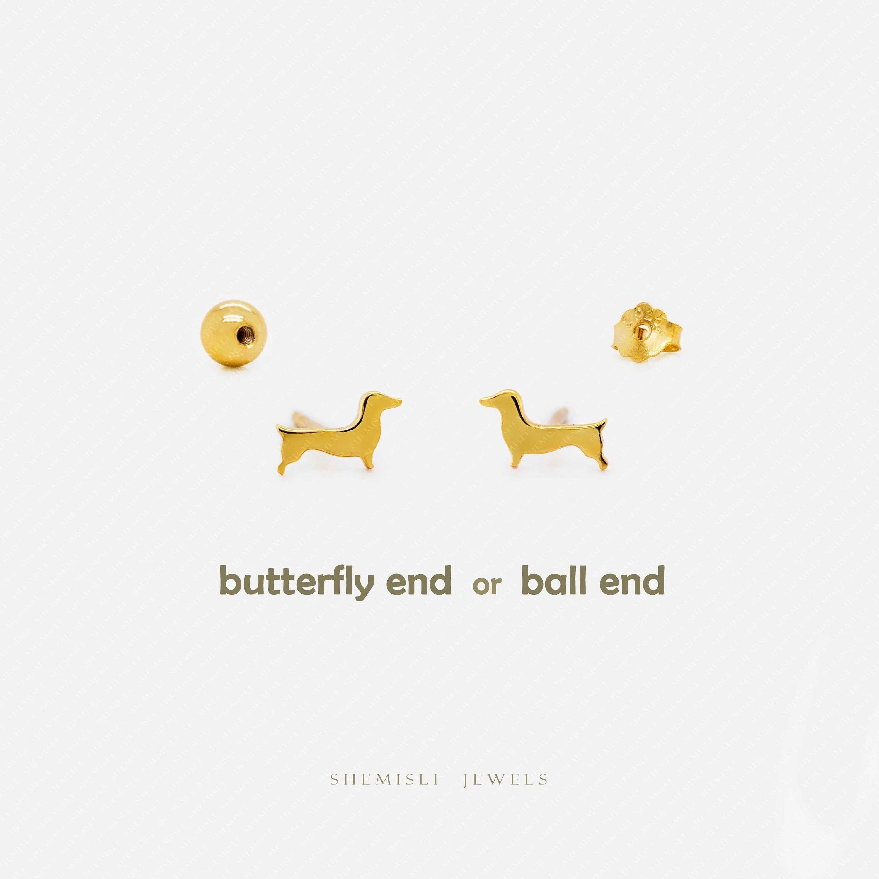 Dainty Sausage Dog Studs Earrings, Unisex, Gold, Silver SHEMISLI SS885 Butterfly End, SS886 Screw Ball End (Type A) LR