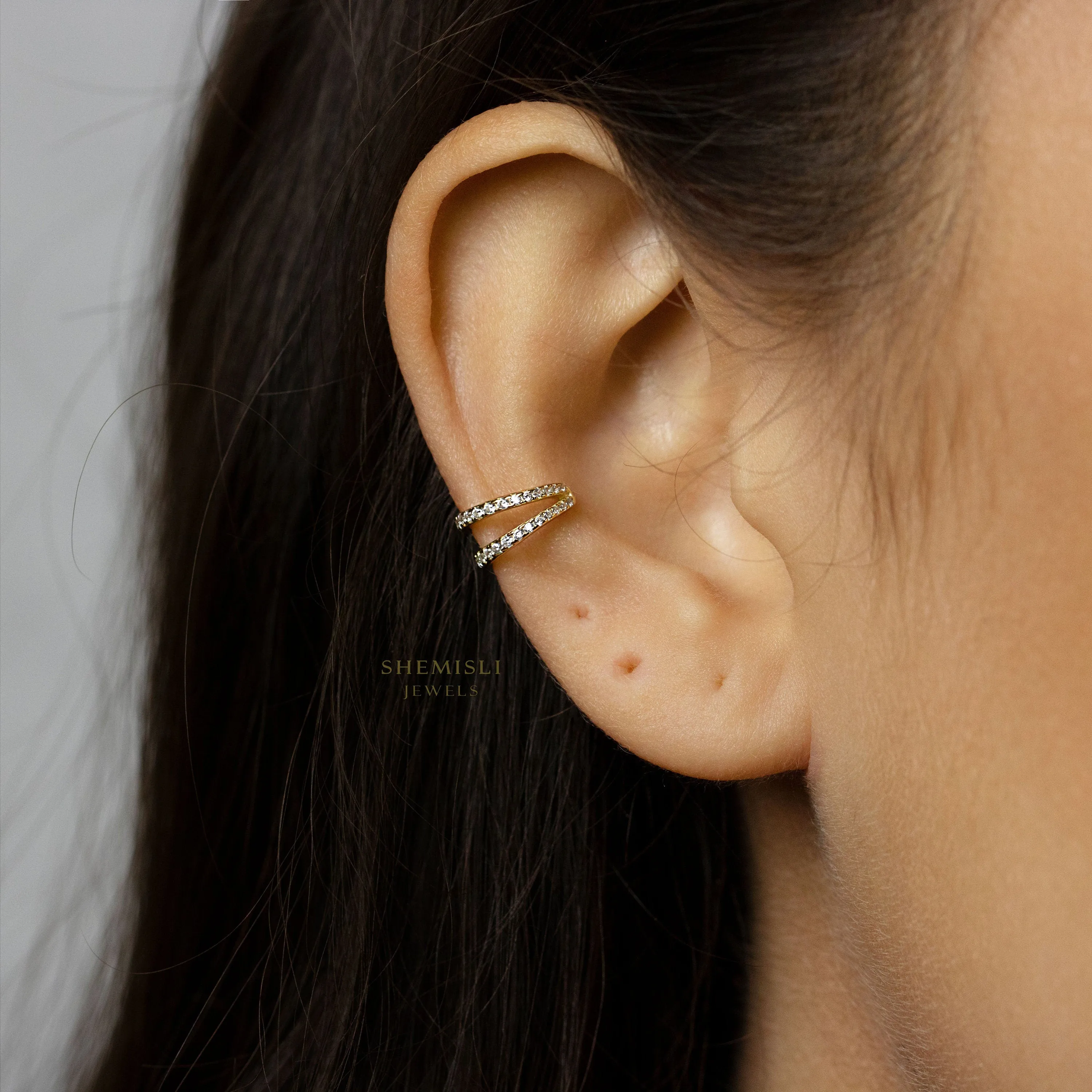 Double Lined CZ Ear Cuff, Earring No Piercing is Needed, Unisex, Gold, Silver SHEMISLI - SF024