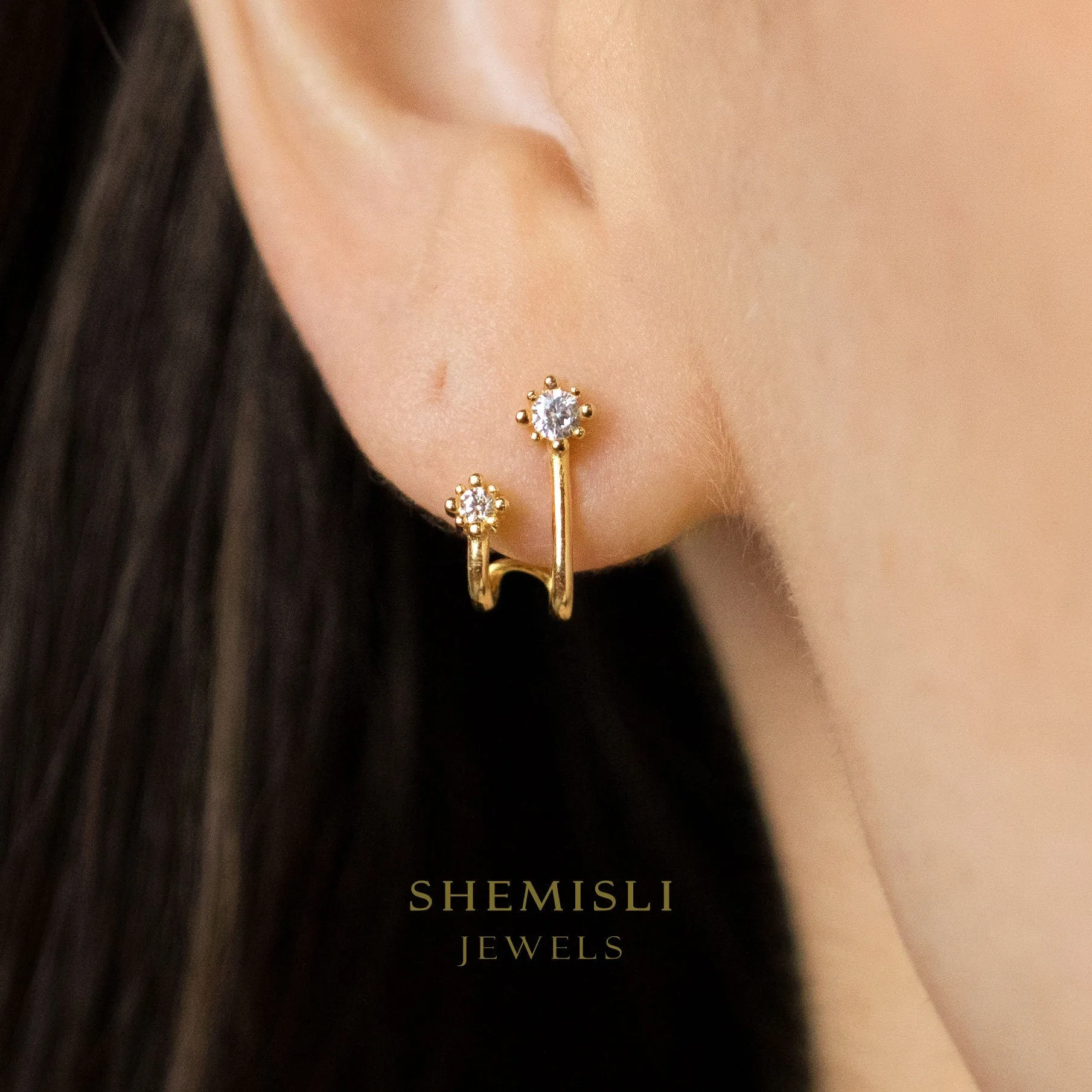 Double Lined CZ Earring, Fake Two Piercings, Unisex, Gold, Silver SHEMISLI SS258, SS306 LR