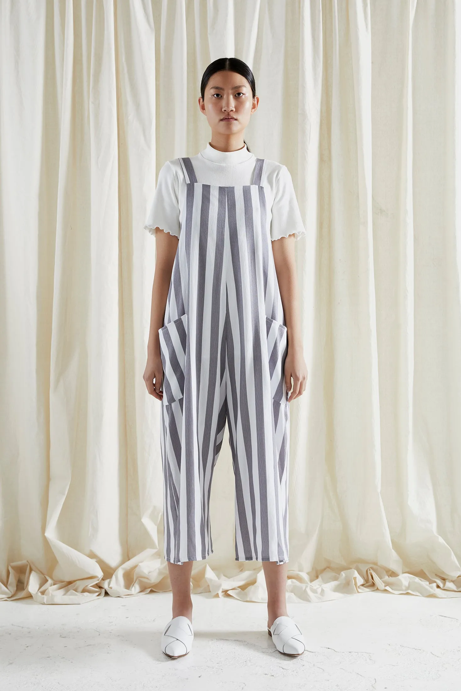 EDEN JUMPSUIT ~ NEUTRAL [ Grey & White Striped Overalls ]