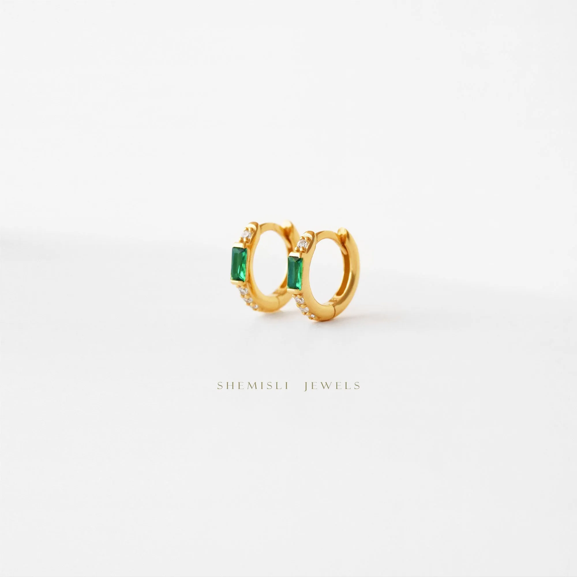 Emerald Baguette Hoop Earrings, Huggies, Unisex, Gold, Silver SHEMISLI SH193