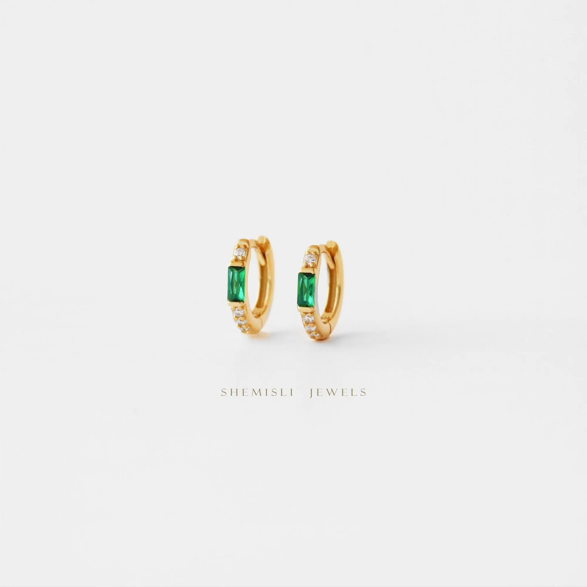 Emerald Baguette Hoop Earrings, Huggies, Unisex, Gold, Silver SHEMISLI SH193