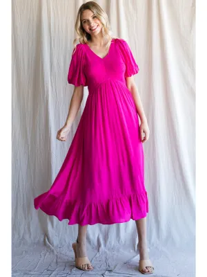 Feelin’ Fine In Fuchsia Smocked Midi Dress