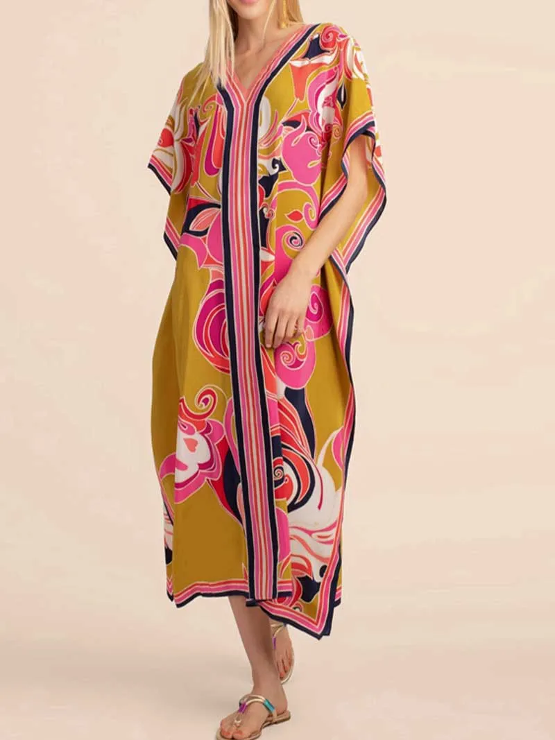 Floral Print V-Neck Short Sleeves Kaftan Dress