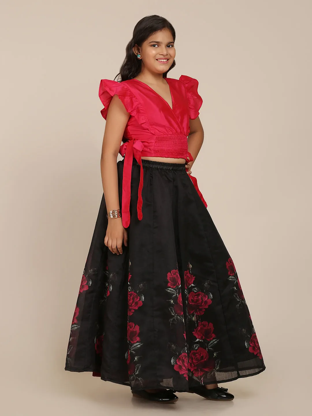 Girls Pink & Black Printed Ready To Wear Lehenga Choli - Bitiya By Bhama