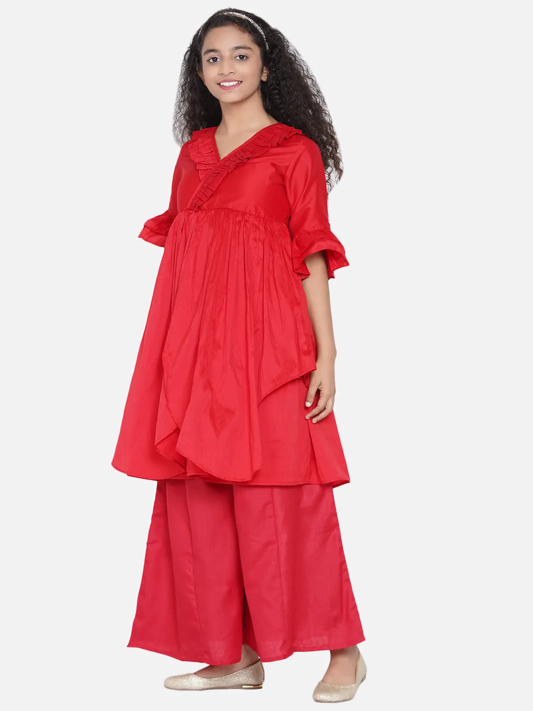 Girl's Red Pleated Asymmetric Kurta With Palazzos - Bitiya By Bhama