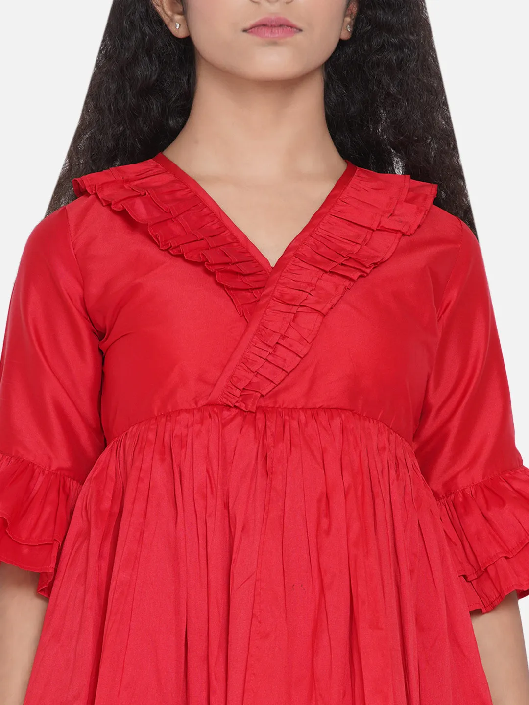 Girl's Red Pleated Asymmetric Kurta With Palazzos - Bitiya By Bhama