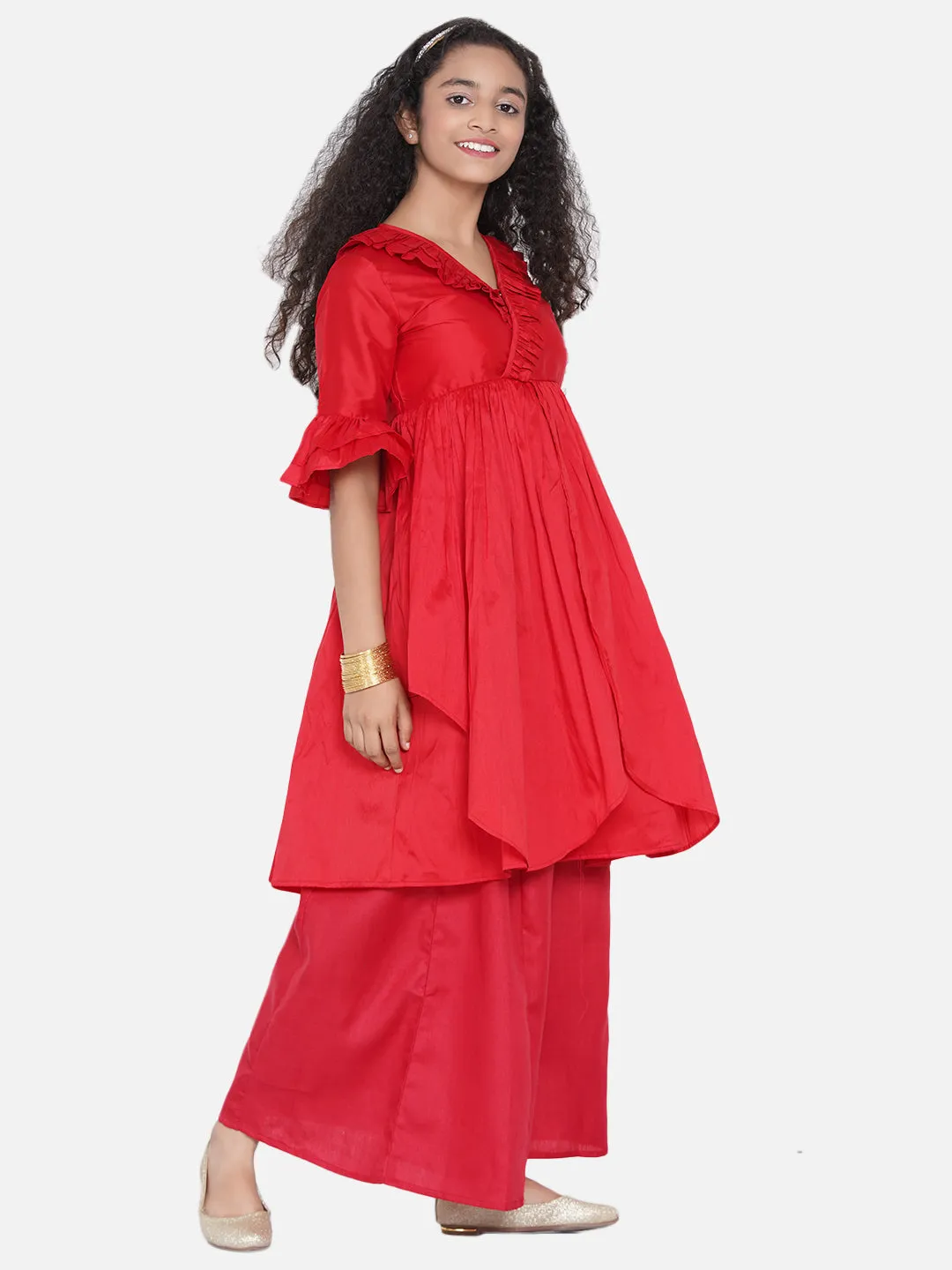 Girl's Red Pleated Asymmetric Kurta With Palazzos - Bitiya By Bhama