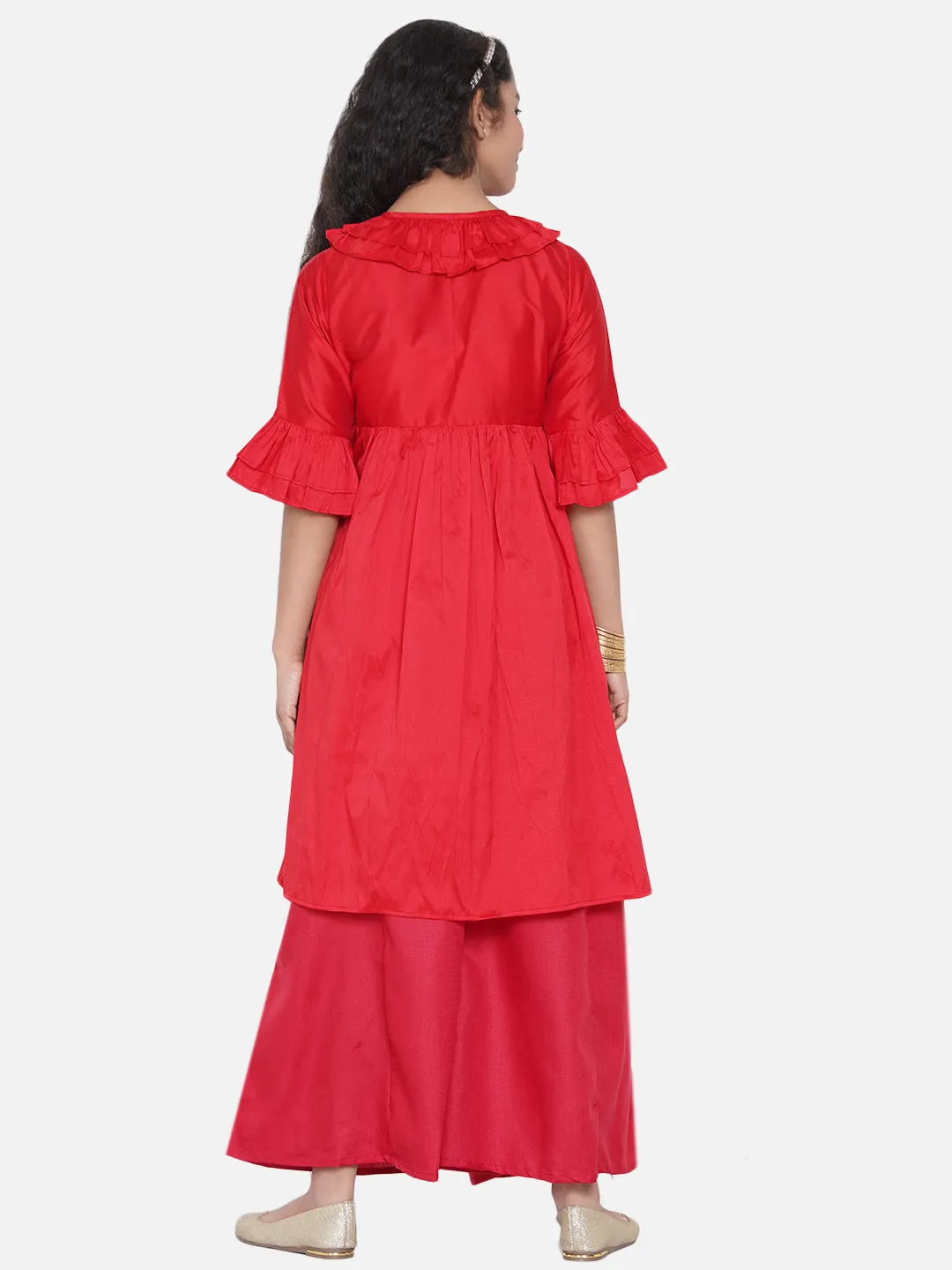 Girl's Red Pleated Asymmetric Kurta With Palazzos - Bitiya By Bhama