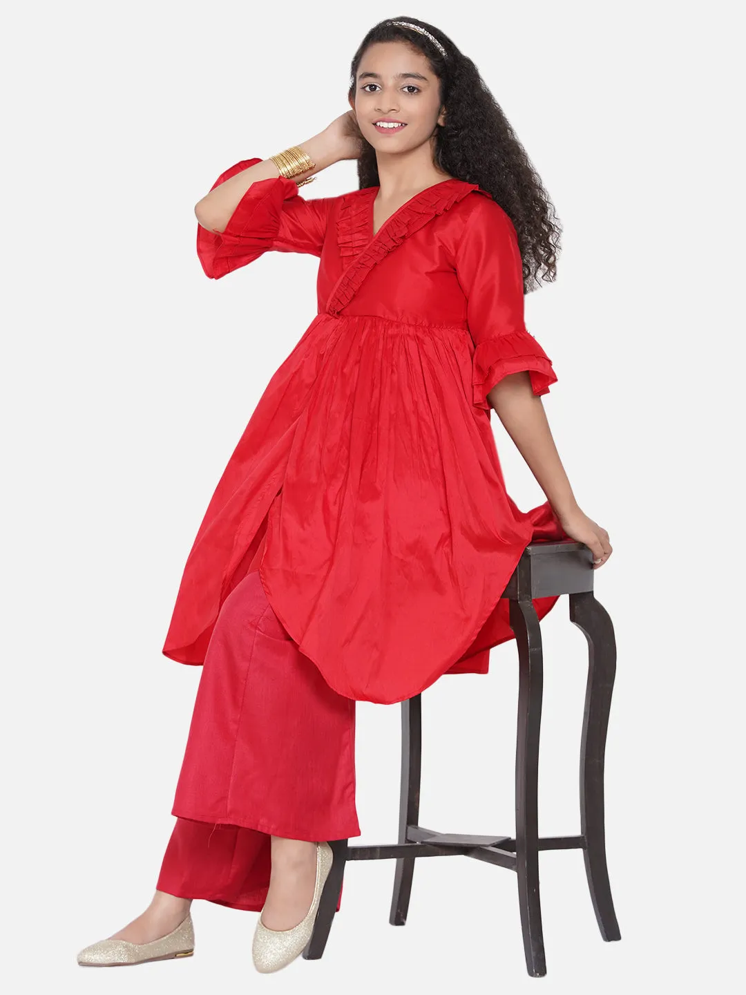 Girl's Red Pleated Asymmetric Kurta With Palazzos - Bitiya By Bhama