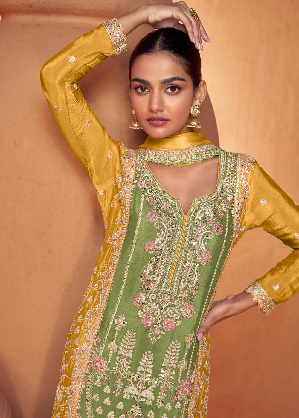 Green & Mustard Embroidered Wedding Sharara Suit