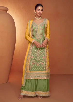 Green & Mustard Embroidered Wedding Sharara Suit