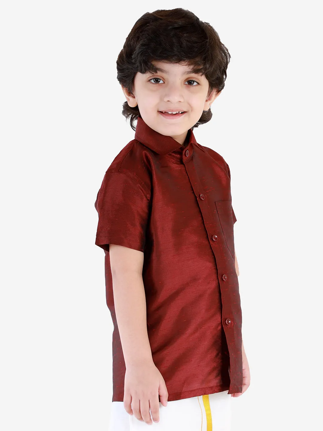 Jashvi Boys' Wine Silk Short Sleeves Ethnic Shirt