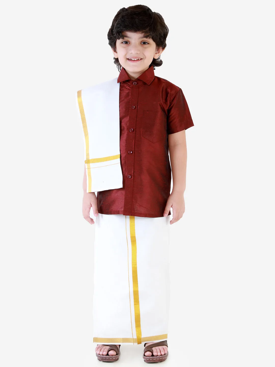 Jashvi Boys' Wine Silk Short Sleeves Ethnic Shirt