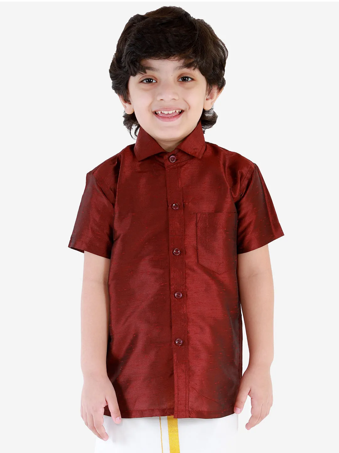 Jashvi Boys' Wine Silk Short Sleeves Ethnic Shirt