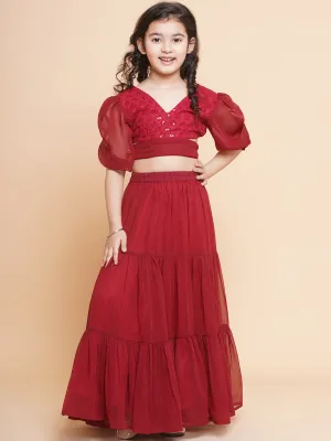 Jashvi Girls Maroon Poly Georgette Embroidered Sequinned Choli Ready To Wear Lehenga