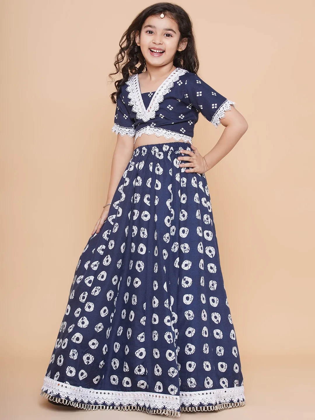 Jashvi Girls Navy Blue Bandhani Printed Lace Work Lehenga Choli.