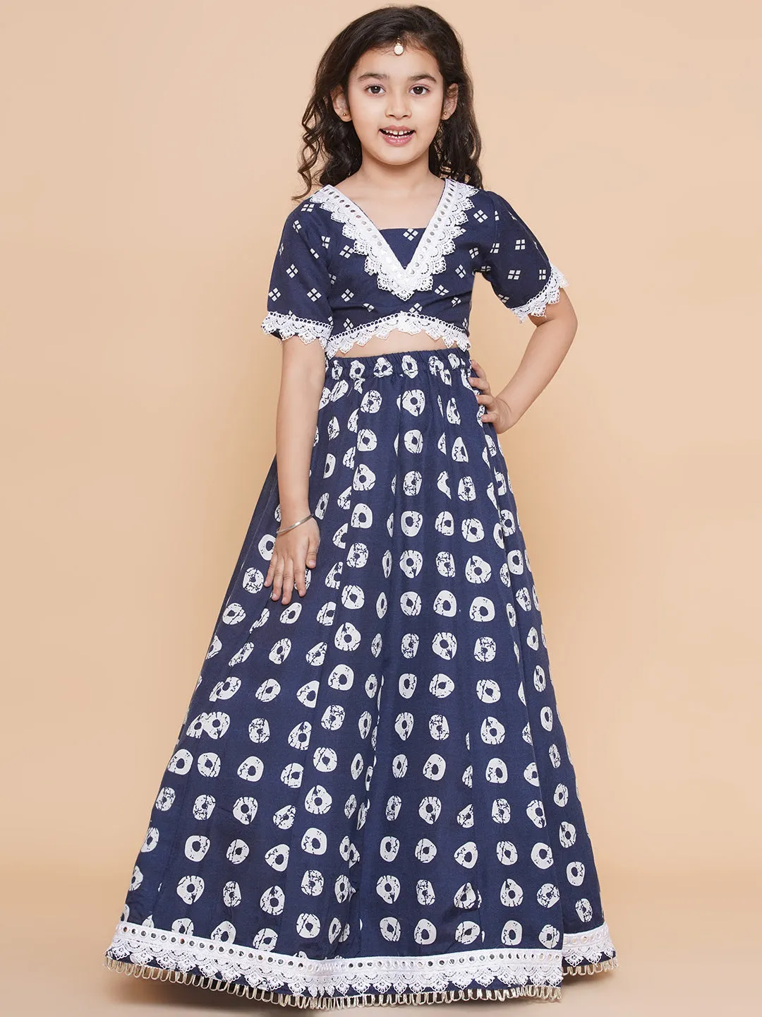 Jashvi Girls Navy Blue Bandhani Printed Lace Work Lehenga Choli.