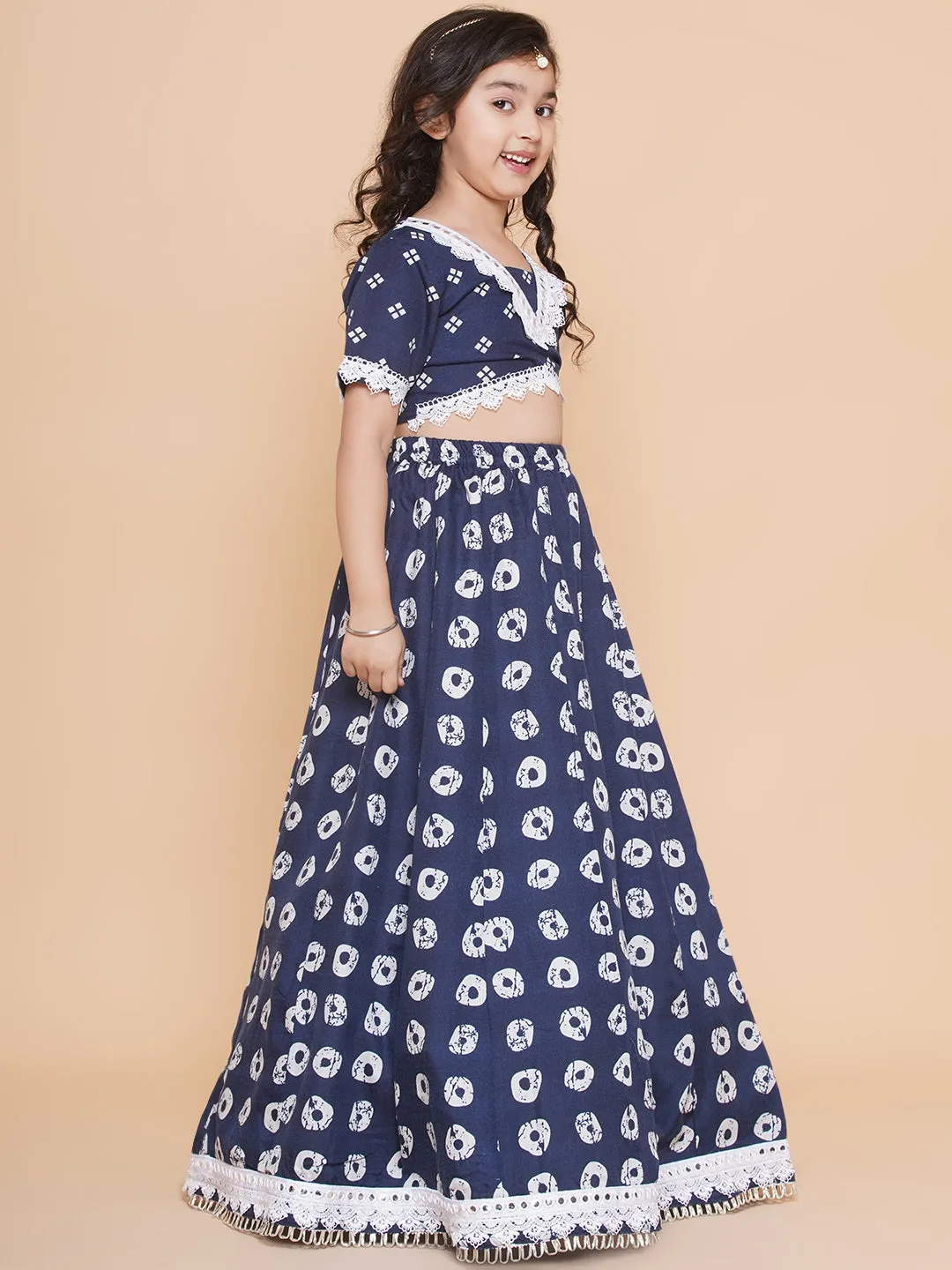 Jashvi Girls Navy Blue Bandhani Printed Lace Work Lehenga Choli.