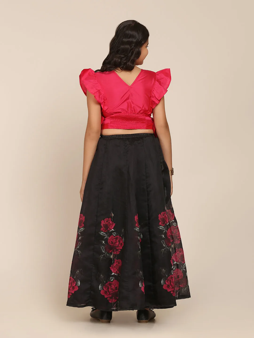 Jashvi Girls Pink & Black Printed Ready To Wear Lehenga Choli