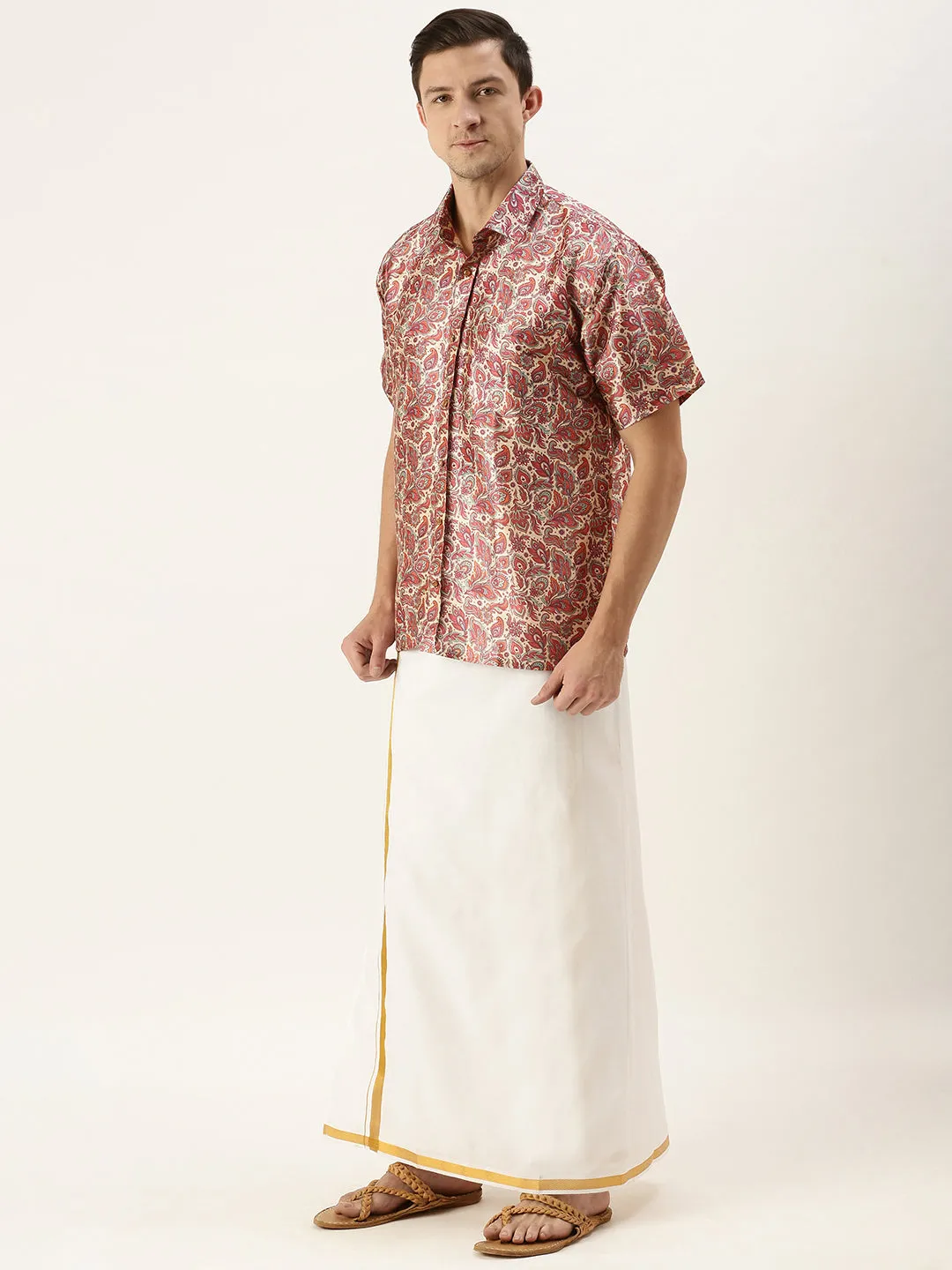 Jashvi Men's Multi-Color Silk Blend Printed Shirt And Mundu Set