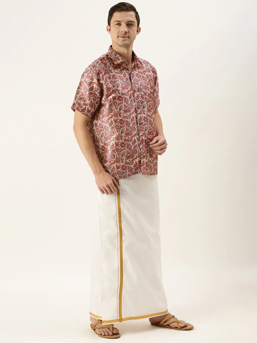 Jashvi Men's Multi-Color Silk Blend Printed Shirt And Mundu Set