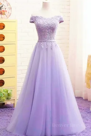 kamahe Off Shoulder Light Purple Lace Long Prom Dress, Off the Shoulder Lilac Lace Formal Dress, Purple Evening Dress