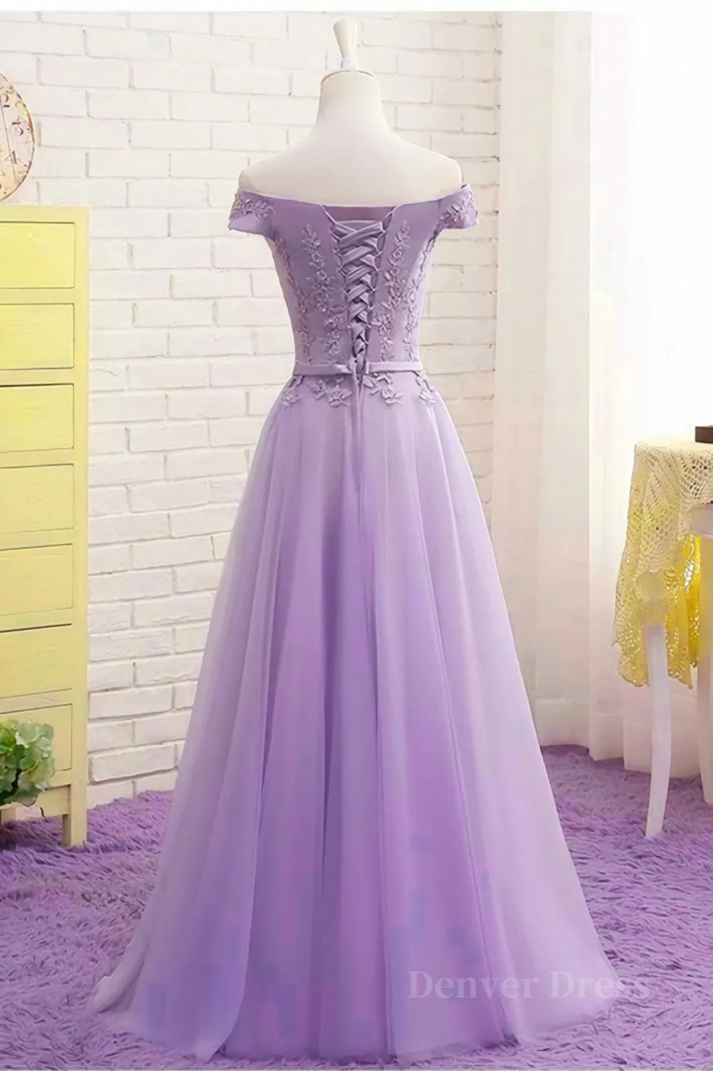 kamahe Off Shoulder Light Purple Lace Long Prom Dress, Off the Shoulder Lilac Lace Formal Dress, Purple Evening Dress