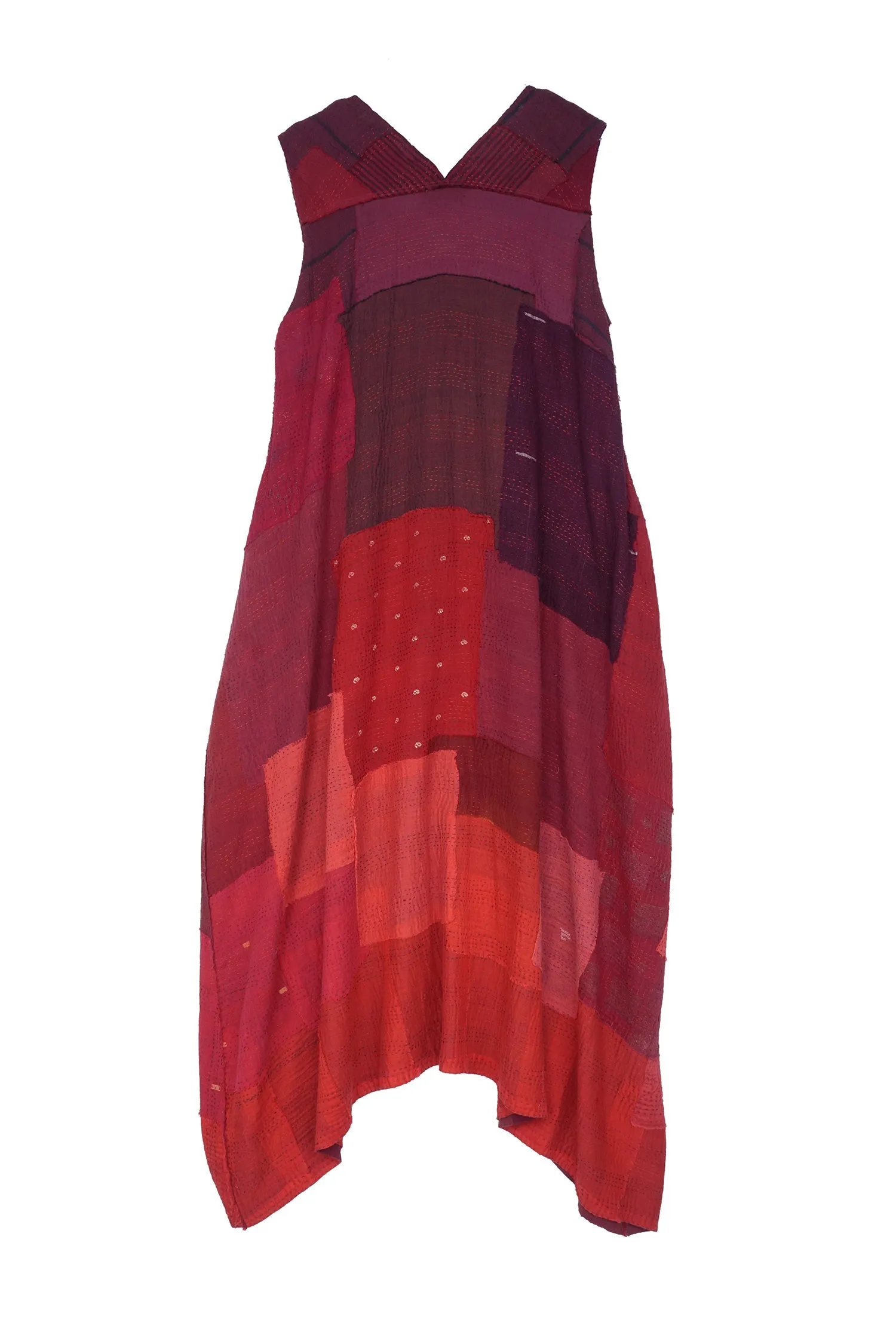 LANDSCAPE FRAYED PATCH KANTHA TENT DRESS - lf2413-red -