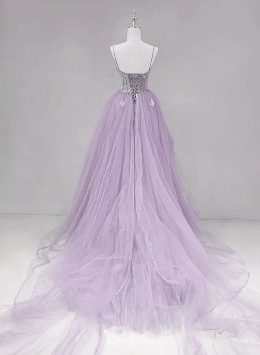 Light Purple Tulle Straps Long Formal Dress Evening Dress, A-line Purple Prom Dress