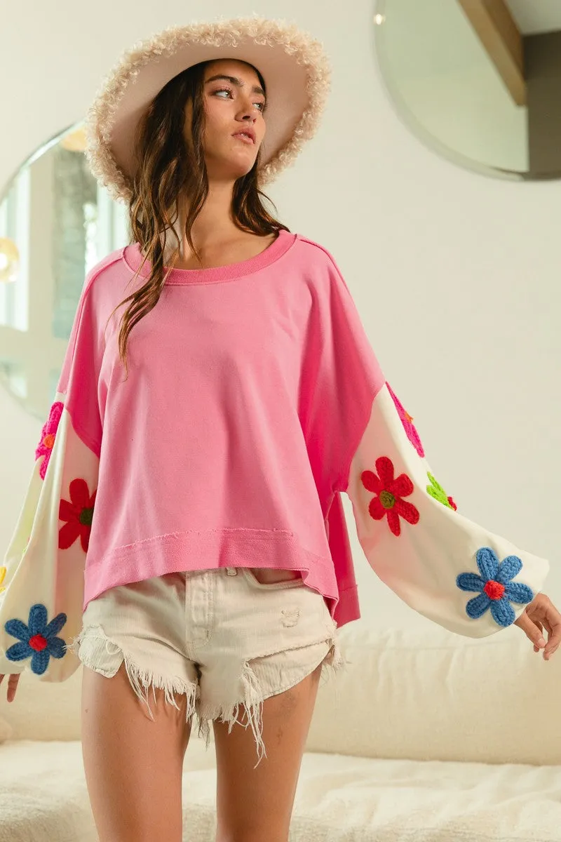 Long sleeve Colorblock Sweatshirts with Daisy Patch