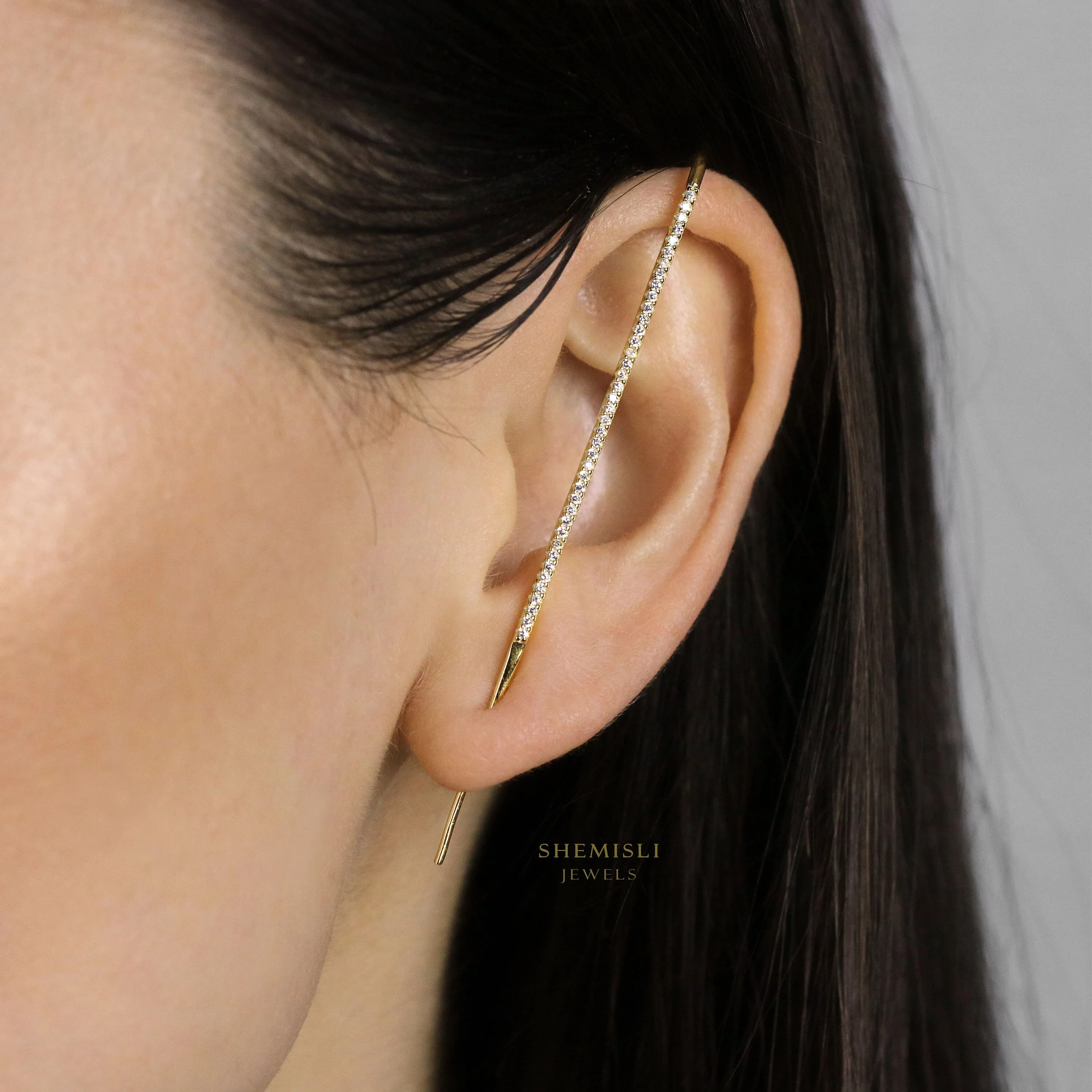 Long Stone Climber Earrings for Earlobe Piercing, Fake Helix Piercing, Unisex, Gold, Silver  SHEMISLI - SS228 NOBKG